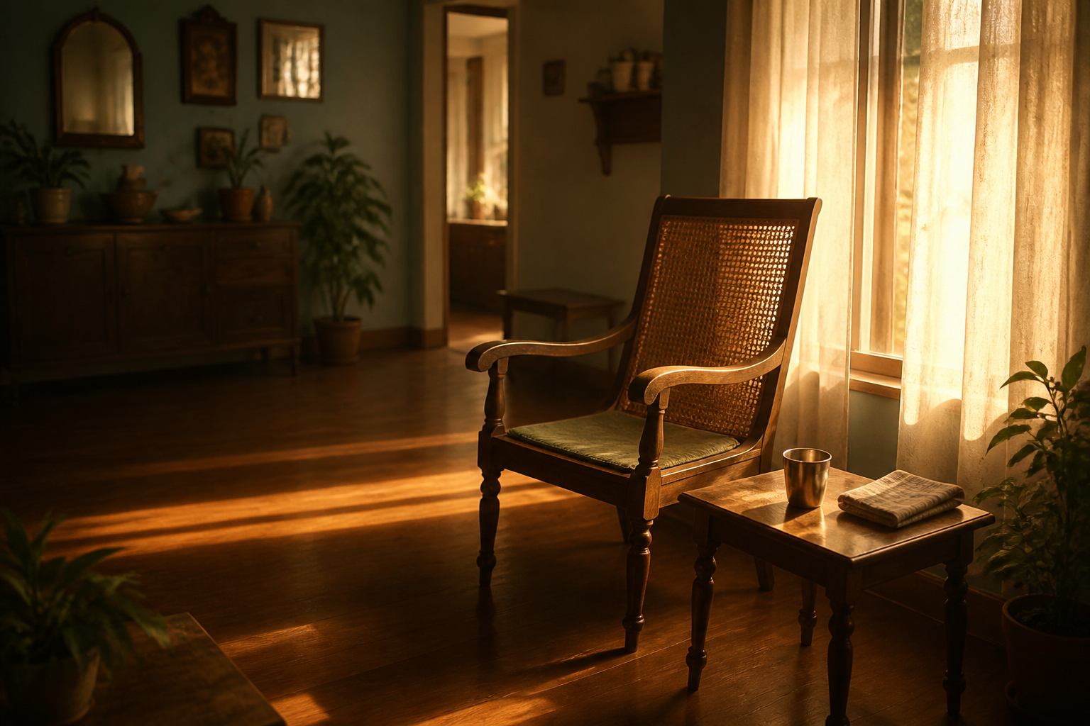 A quiet morning room, tea waiting by the window.